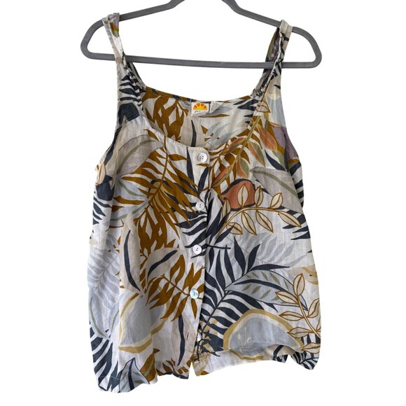C&C California 100% Linen Button Down Tropical Print Sleeveless Shirt L - Picture 2 of 8